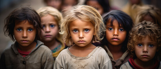 Sad serious Multiethnic poor little children looking at the camera - obrazy, fototapety, plakaty