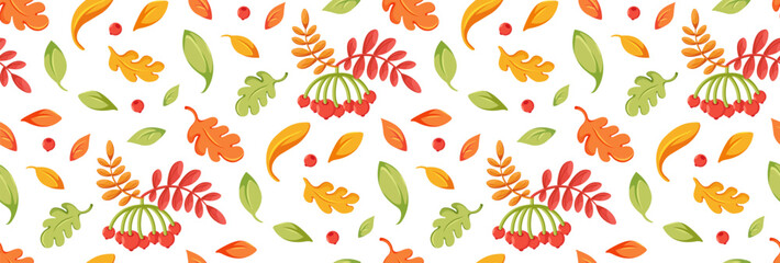 Autumn seamless Pattern. Autumn falling leaves and ashberry. Vector flat illustration.