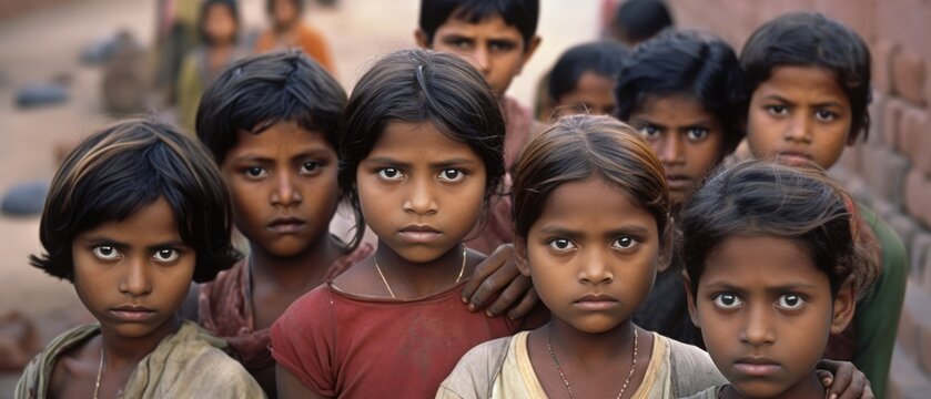 Hungry, starving, poor little children looking at the camera