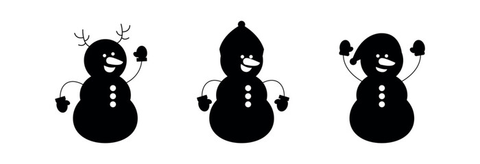A collection of snowmen. 3 pieces. Black silhouettes. Vector on white background.
