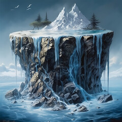 Winter landscape with mountain peak in the clouds. 3d illustration.