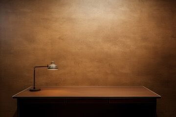 A wooden desk with a silver lamp and books in a gray room