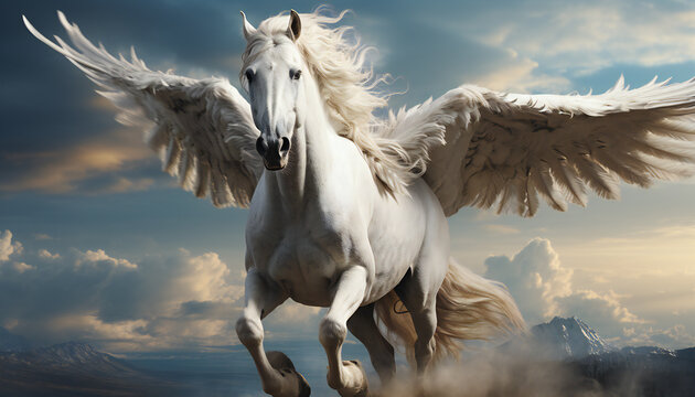 Recreation of winged white horse Pegasus, legendary creature
