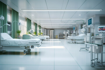 Hospital intensive care ward with empty beds. Modern clinic with advanced equipment. Best medical healthy treatment center