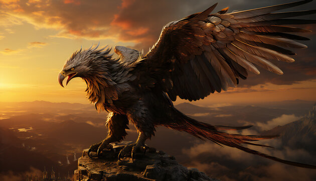 Fictitious recreation of a monstrous raptor in the top of a rocky mountain