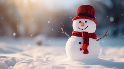 Fototapeta premium Merry Christmas and happy new year concept, Happy snowman standing in Christmas winter background, Copy space, generative ai