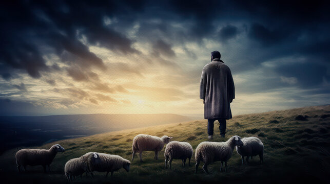 Good Shepherd. Concept watercolorn inspired by Psalm 23 . Generative AI.