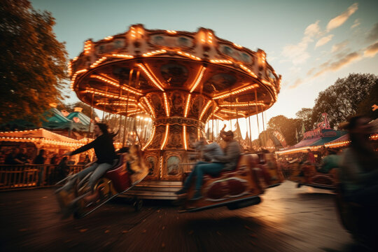 A whirl of motion as attendees enjoy the thrill of traditional carnival rides, adding an element of excitement to Oktoberfest. Generative Ai.