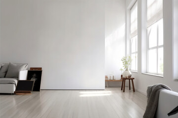 Fototapeta premium Livingroom interior wall mock up with white fabric sofa and pillows on white background with free space