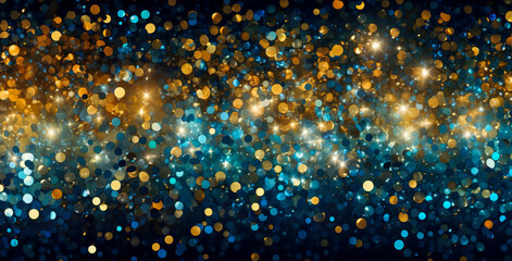Blurred bokeh light background, Christmas and New Year holidays background. Christmas Golden light shine particles bokeh on navy blue background. Gold foil texture. Holiday concept.	