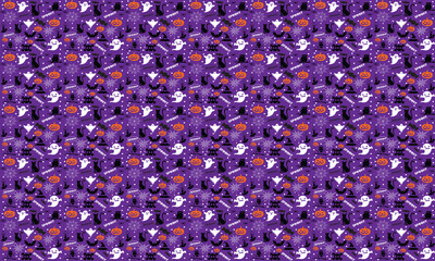 Fototapeta premium Halloween pattern. Halloween festive seamless pattern. Endless background with pumpkins, skulls, bats, spiders, ghosts, bones, candies, spider web and speech bubble with boo.Halloween vector seamless 
