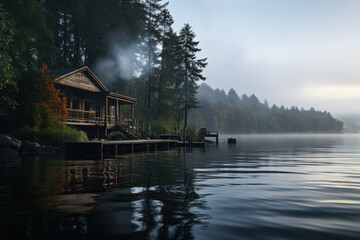 Obraz premium A tranquil morning scene at a lakeside cabin, with the mist rising from the water, invoking a sense of serenity. Generative Ai.