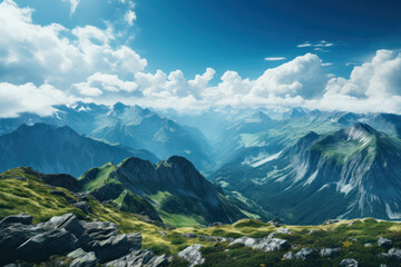 Naklejka premium A panoramic view from a mountaintop, where the world stretches out below, inviting adventure. Generative Ai.