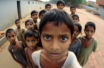 Hungry, starving, poor little children looking at the camera