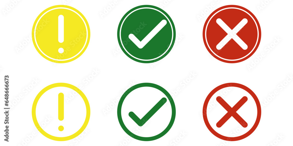 Poster set of flat round checkmarks, exclamation marks. green, red, yellow vector circle symbols. check mar