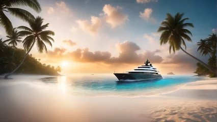 Fotobehang Luxury Super yacht on tropical island with palms and sunset. Extremely detailed and realistic high resolution concept design illustration © RobinsonIcious