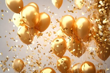 Craft an eye-catching 3D rendering of a festive bouquet filled with transparent, golden balloons and elegant gold ribbons, accented by serpentine and confetti. An excellent choice for party-themed ill