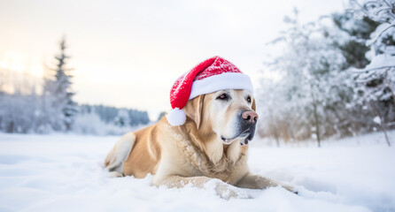 Cute golden retriever dog wearing red christmas Santa Claus hat in winter snowy forest landscape. Christmas holidays. Christmas card. digital ai