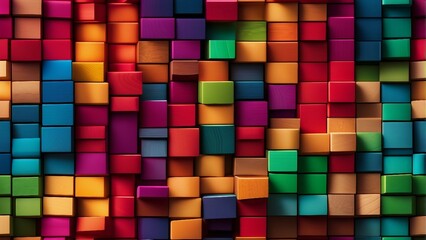 Colorful background of wooden blocks. A Spectrum of multi colored wooden blocks aligned