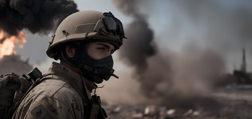marine soldier stained with soot, behind him in the background smoke and fire