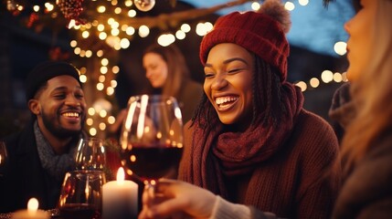 Upbeat companions gather toasting ruddy wine feasting at eatery patio Youthful individuals socializing drinking and eating nourishment sitting exterior at vineyard bar table Winter season