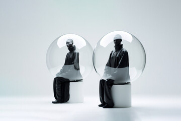 Two models with transparent glass spheres  wearing black modern clothes. Futuristic fashion concept