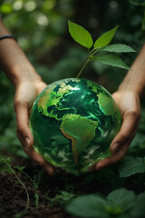 Close-Up of Hands Holding Earth Globe in Lush Green Landscape, Symbolizing Earth Day and Environmental Conservation