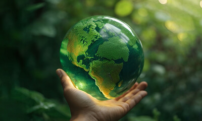 A close-up of a lush green landscape, with a pair of hands in the foreground, holding a globe of the Earth, representing the importance of Earth Day and the need to protect our environment. Save Earth