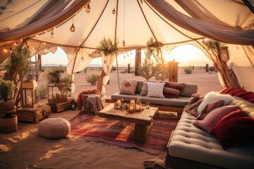 A remote desert glamping experience, combining luxury and adventure under the stars. Generative Ai.