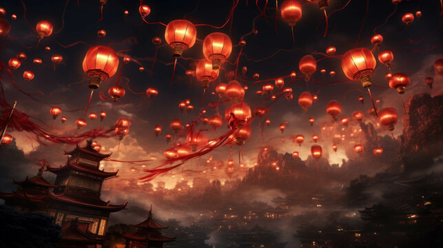 Chinese lanterns in the night sky against the backdrop of Chinese houses