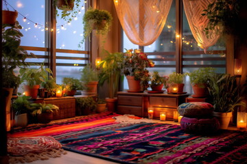 Fototapeta premium House with cozy boho ethnic interior in living room at night, pillows, cushions, green plants in a flower pot, couch or sofa and decoration at home, lighting