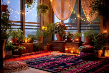 Poster House with cozy boho ethnic interior in living room at night, pillows, cushions, green plants in a flower pot, couch or sofa and decoration at home, lighting