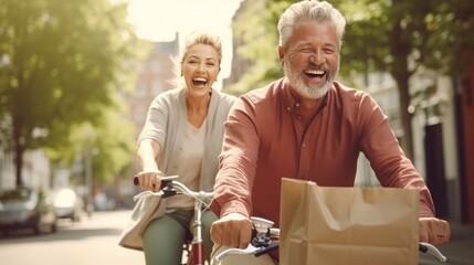 Upbeat grownup individuals cheerful couple appreciate the open air recreation action riding a bicycle together man carrying lady and chuckle a parcel in fellowship and relationship