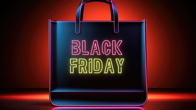 Neon Black Friday sale background with shopping bag.