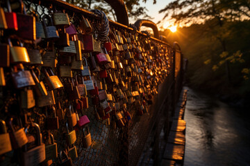 A community art installation where people place symbolic locks on a bridge, signifying their commitment to ending mental health stigma. Concept of unity and hope. Generative Ai.