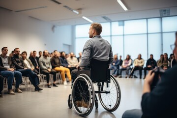 Young adult in a wheelchair giving a lecture. Concept of inclusion and support for people with disabilities in universities. - obrazy, fototapety, plakaty