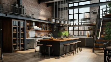 Spacious Industrial-Style Kitchen with Modern Amenities and Open Shelving - obrazy, fototapety, plakaty