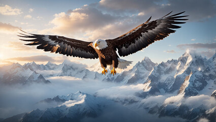 A majestic eagle flying in a landscape with towering snow caped mountains - AI Generative