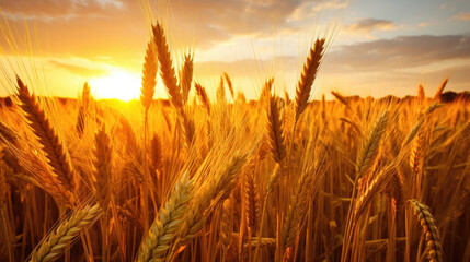 Background from the observed ears of yellow wheat field against the backdrop of a golden sunset and blue sky. Rural landscapes landscapes under bright sunlight. Rich harvest concept. - obrazy, fototapety, plakaty