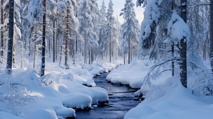 Winter excursion by stream in snow secured woodland in Oulanka National Stop in Lapland Finland - Powered by Adobe