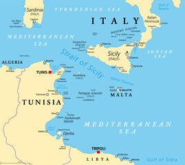 Strait of Sicily, political map. Also known as Sicilian Channel. A strait, located in the Mediterranean Sea, between Tunisia and Sicily, Italy. With Pantelleria, and with Aegadian and Pelagie Islands. - obrazy, fototapety, plakaty