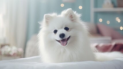 a long-haired dog blissfully enjoying grooming and cuddles while seated on a young woman's lap. The backdrop is a serene white interior, emphasizing the love and care shared between the pet.