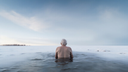 Naklejka na ściany i meble In the frozen waters of Finland, a brave woman swims with a happy heart despite the bone-chilling cold, in the midst of a serene winter landscape where ice and water dominate the scenery