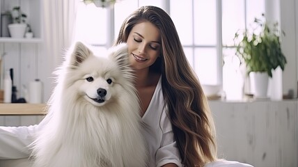 a long-haired dog blissfully enjoying grooming and cuddles while seated on a young woman's lap. The backdrop is a serene white interior, emphasizing the love and care shared between the pet.