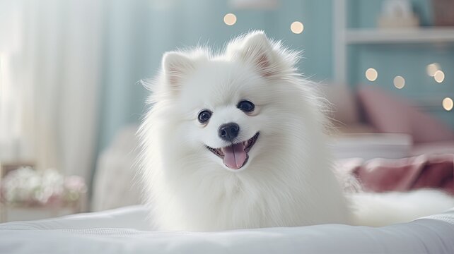 a long-haired dog blissfully enjoying grooming and cuddles while seated on a young woman's lap. The backdrop is a serene white interior, emphasizing the love and care shared between the pet.