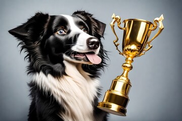golden retriever with a cup, winning game tropy - obrazy, fototapety, plakaty