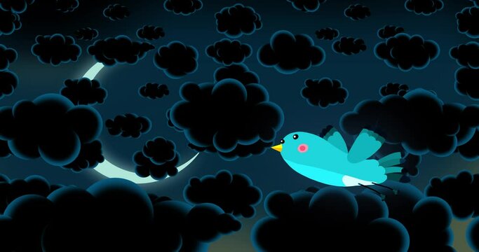 Bird blue cartoon animation character isolated flying at night. Blinking eyes seamless loop cute background. Happy animal giving a concerto during flight. Fairy tales, lullaby, etc...