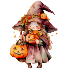 Little Witch with Pumpkin Halloween.