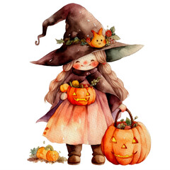 Little Witch with Pumpkin Halloween.