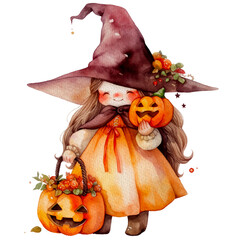 Little Witch with Pumpkin Halloween.
